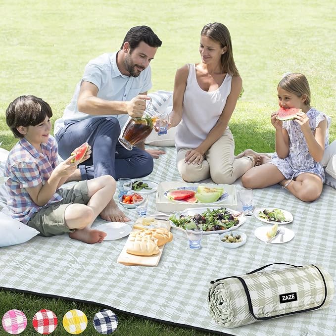 ZAZE Extra-Large Waterproof Picnic Blanket, 80''x80'' Foldable Gingham Mat for Beach, Camping, Lawn, and Park – Perfect Couple Gift, Wedding Registry Must-Have (Green & White)