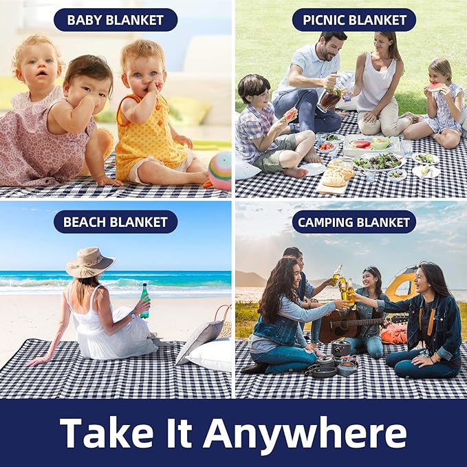 ZAZE Extra-Large Waterproof Picnic Blanket, 80''x80'' Foldable Gingham Mat for Beach, Camping, Lawn, and Park – Perfect Couple Gift, Wedding Registry Must-Have (Green & White)