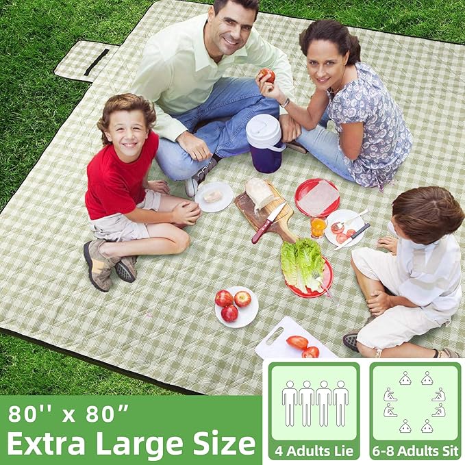 ZAZE Extra-Large Waterproof Picnic Blanket, 80''x80'' Foldable Gingham Mat for Beach, Camping, Lawn, and Park – Perfect Couple Gift, Wedding Registry Must-Have (Green & White)