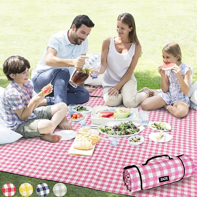 ZAZE Extra-Large Waterproof Picnic Blanket, 80''x80'' Foldable Gingham Mat for Beach, Camping, Lawn, and Park – Perfect Couple Gift, Wedding Registry Must-Have (Green & White)
