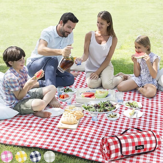 ZAZE Extra-Large Waterproof Picnic Blanket, 80''x80'' Foldable Gingham Mat for Beach, Camping, Lawn, and Park – Perfect Couple Gift, Wedding Registry Must-Have (Green & White)