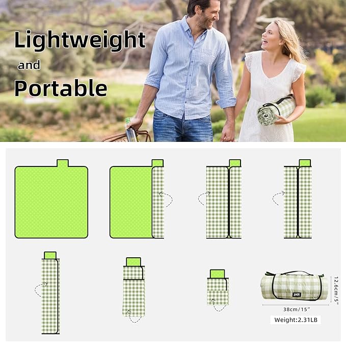 ZAZE Extra-Large Waterproof Picnic Blanket, 80''x80'' Foldable Gingham Mat for Beach, Camping, Lawn, and Park – Perfect Couple Gift, Wedding Registry Must-Have (Green & White)
