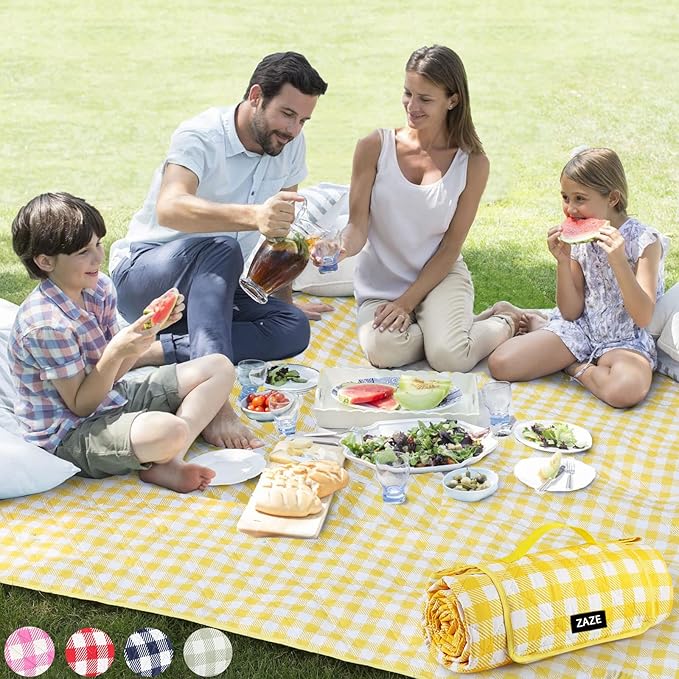 ZAZE Extra-Large Waterproof Picnic Blanket, 80''x80'' Foldable Gingham Mat for Beach, Camping, Lawn, and Park – Perfect Couple Gift, Wedding Registry Must-Have (Green & White)